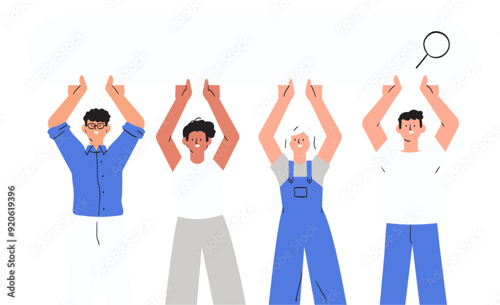Fototapeta premium People hold big search engine bar. Business metaphor for job search or research, development, web surfing. Trendy outline characters for web ui design. Company look for job candidate or team members.