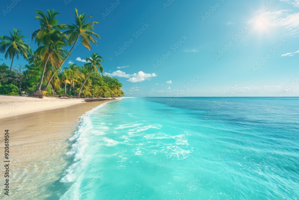 Turquoise water is gently lapping on the shore of an idyllic tropical beach with lush green palm trees and a bright blue sky Turquoise water is gently lapping on the shore of an idyllic tropical beach with lush green palm trees and a bright blue sky