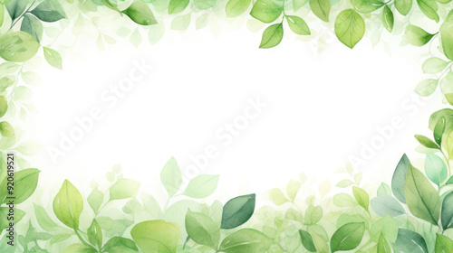 Spring Frame Background with empty space. Frame with a white center, surrounded by watercolor illustrations of various plants and flowers. Green leaves. Empty white space in the middle. Greeting cards