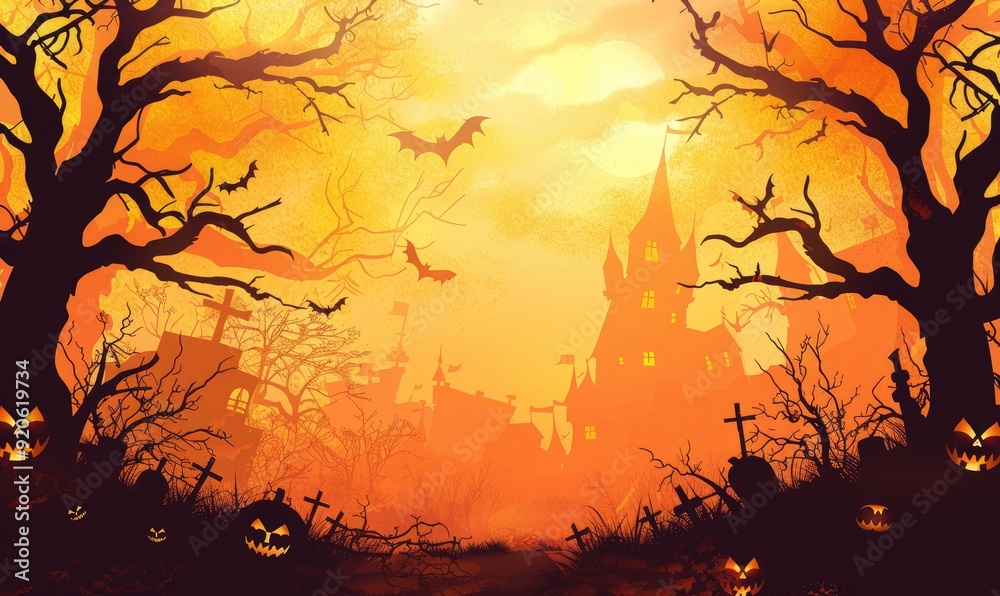pumkins in black forest with ghost house and yellow orange background pumkins in black forest with ghost house and yellow orange background