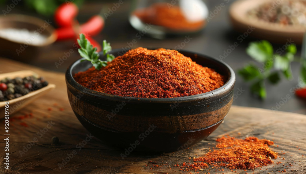 Bowl of Paprika Powder on Wooden Table Bowl of Paprika Powder on Wooden Table