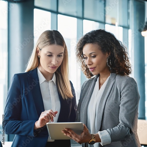 Businesspeople standing and discussing bisness plan using tablet in office photo