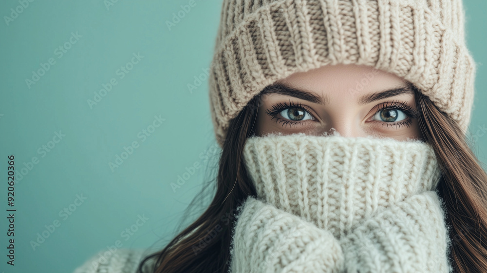 Portrait of a beautiful woman wearing a winter hat and knitted sweater covering her face, looking at the camera isolated on a pastel green background with copy space, a close-up sh Portrait of a beautiful woman wearing a winter hat and knitted sweater covering her face, looking at the camera isolated on a pastel green background with copy space, a close-up sh