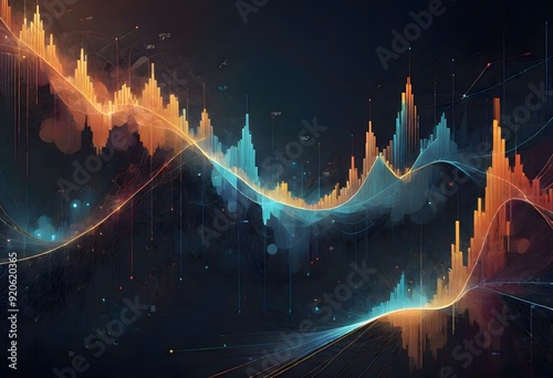 Vibrant sound waves flowing in an abstract pattern, showcasing a blend of warm and cool colors against a dark background, creating a dynamic and modern visual effect, Generative AI.