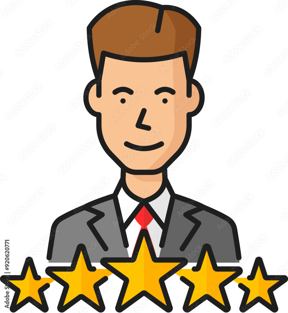 Recruitment, best employee color line icon. Business head hunter recruitment, company employment service or human resources candidate outline vector symbol with businessman and rating five stars