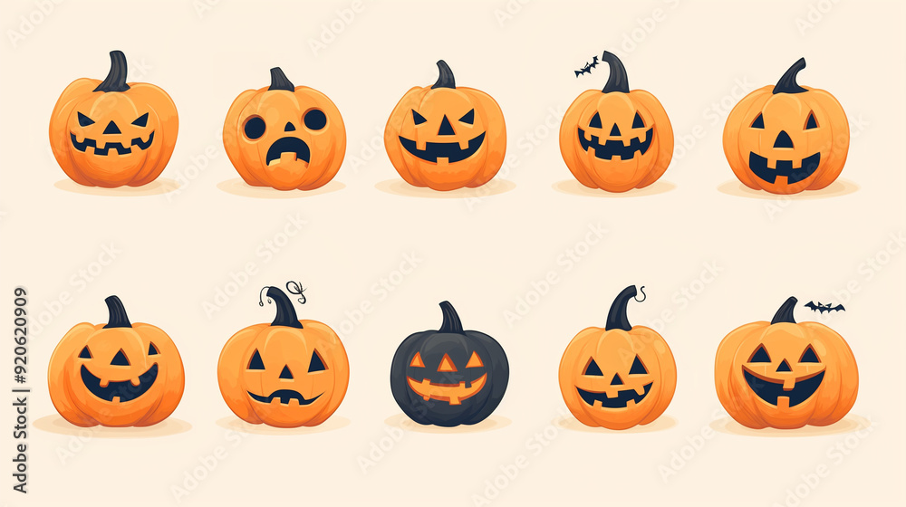 Vector illustration of Halloween pumpkins icons set isolated on beige background, vector illustration with a simple design in the cute style using simple shapes as part of a clip a Vector illustration of Halloween pumpkins icons set isolated on beige background, vector illustration with a simple design in the cute style using simple shapes as part of a clip a