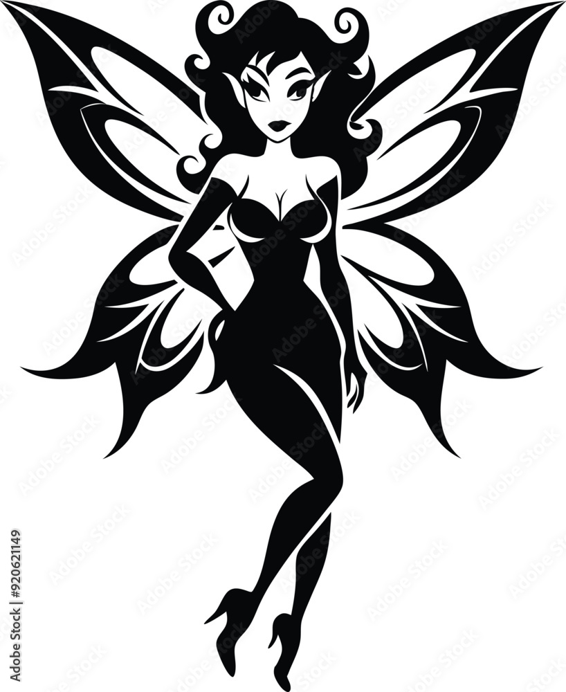 Magical fairy silhouette illustration black and white Magical fairy silhouette illustration black and white