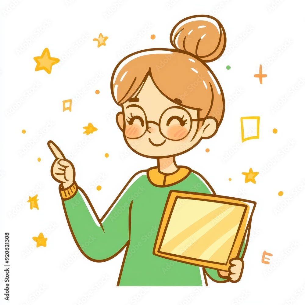 Smiling Cartoon Girl with Glasses Holding Tablet and Pointing at Stars Smiling Cartoon Girl with Glasses Holding Tablet and Pointing at Stars