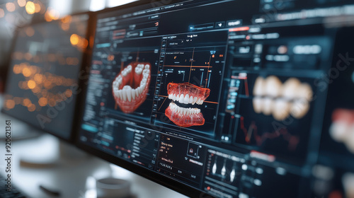 Computer screens displaying dental scans and analytics in a modern dental office, illustrating advanced dental technology and diagnostics.
