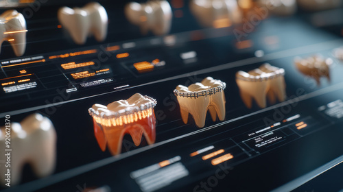 Detailed 3D render of dental structures with data overlays, showcasing tooth anatomy and dental technology in a futuristic setting.