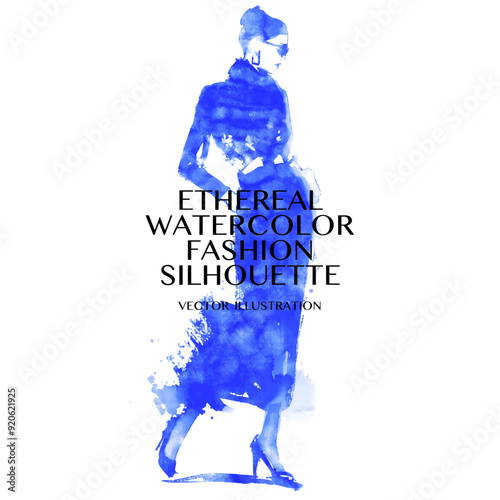Fashion illustration of elegant woman in a blue watercolor dress.