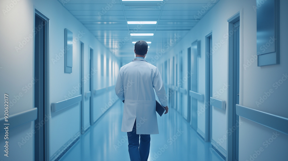 Fototapeta premium A doctor walking through a hospital corridor, wearing a lab coat and carrying a clipboard on tablet, ready for their next appointment
