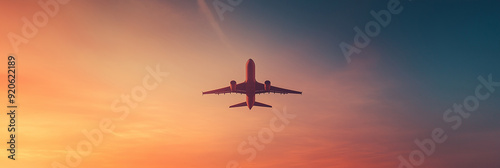 passenger airplane flying away to sky-high altitude during sunset with copy space