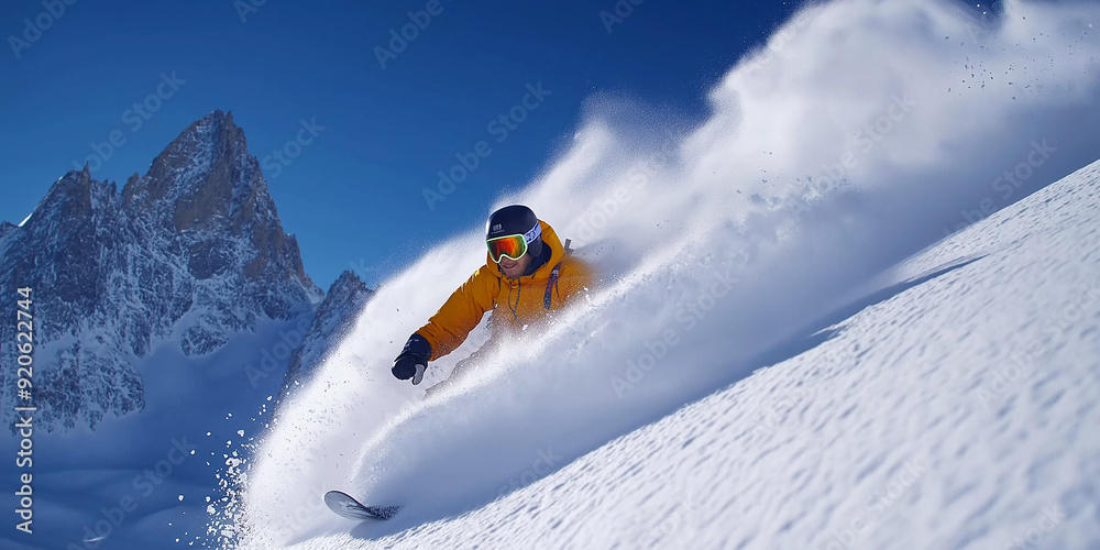 A snowboarder in a yellow jacket carves through fresh powder snow with a towering mountain peak in the background, capturing the thrill of winter sports. A snowboarder in a yellow jacket carves through fresh powder snow with a towering mountain peak in the background, capturing the thrill of winter sports.