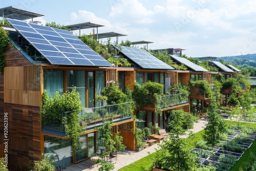 Eco-friendly apartment complex, incorporating solar panels and community gardens, High-resolution, detailed textures, crisp focus