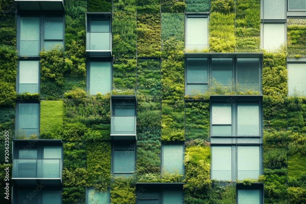 Green urban planning, featuring buildings with vertical gardens and ...