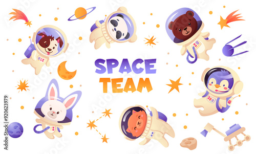 Animals astronaut, space team in galaxy, with moon stars and rockets. Cute panda, fox, cat, dog in spacesuits flying in open space. Vector wallpaper cartoon style illustration.