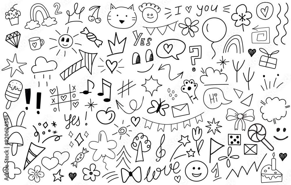 Big set of cartoon doodle hand drawn elements. Line art. Crowns, rainbow, hearts, stars, flowers, sparkles, arrows, lightnings, smiley, signs, funny design elements іsolated on white background. Big set of cartoon doodle hand drawn elements. Line art. Crowns, rainbow, hearts, stars, flowers, sparkles, arrows, lightnings, smiley, signs, funny design elements іsolated on white background.