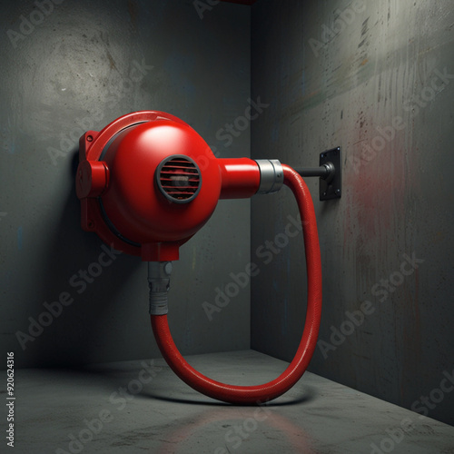 There is a red fire extinguisor with a hose attached to it generative ai photo