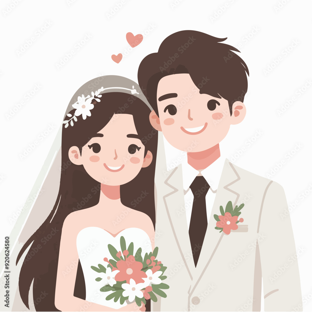 bride and groom in wedding flat illustration