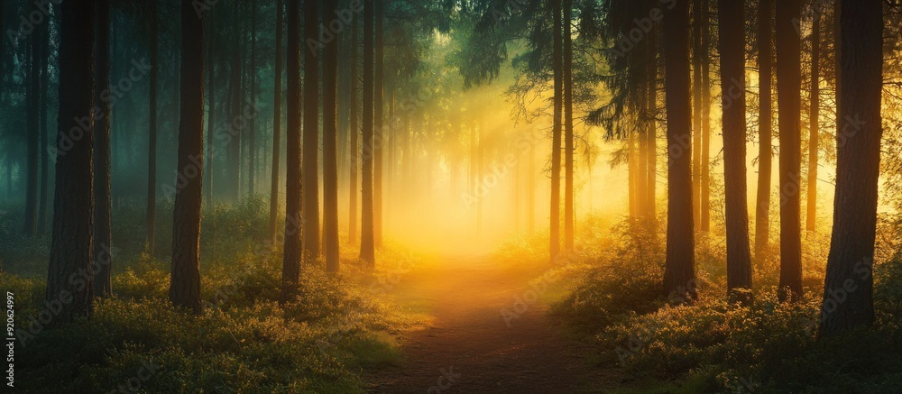 Obraz premium Sunlit Path Through a Misty Forest