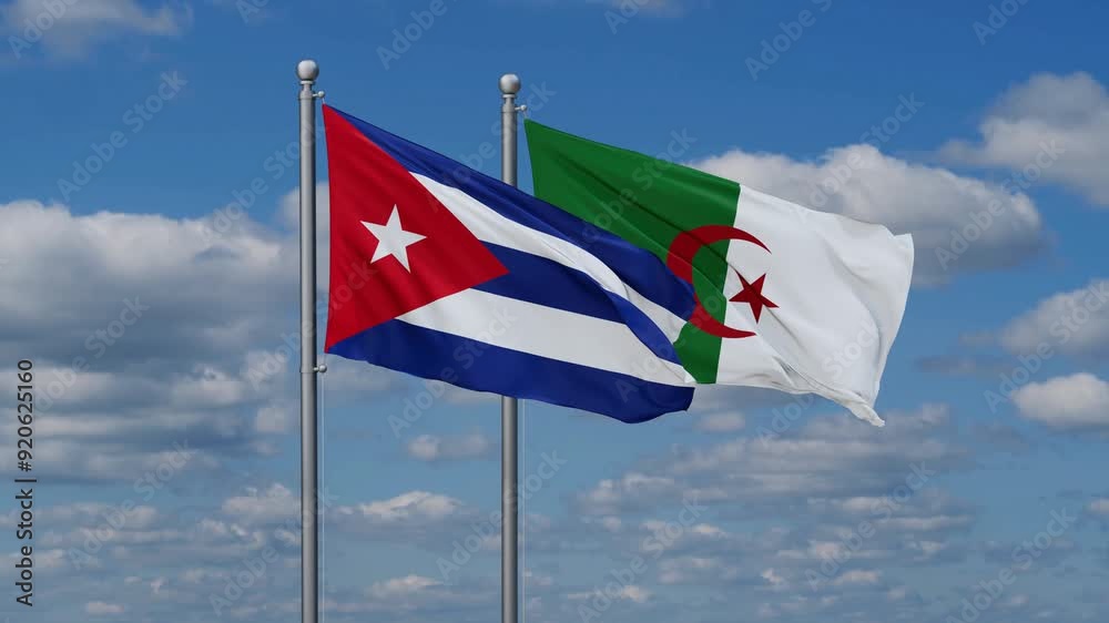 Algeria and Cuba flags flying together, video concept of the relationship, two country relations concept Algeria and Cuba flags flying together, video concept of the relationship, two country relations concept
