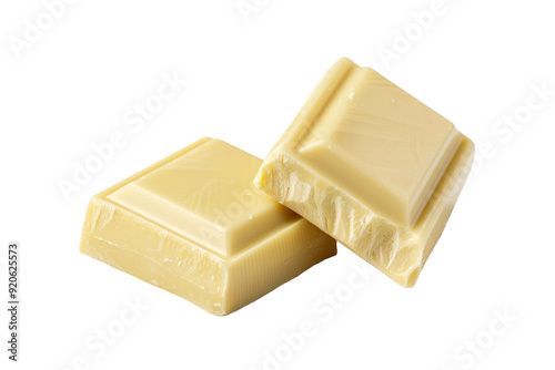 White chocolate bar isolated on background, sweet milk choc squares, Dessert confectionery menu. photo