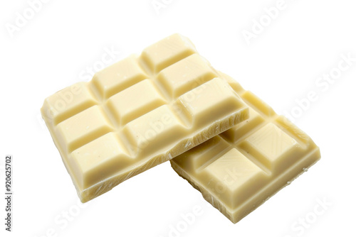 Close up of White milk chocolate bar isolated on background, sweet milk choc squares, Dessert confectionery menu.