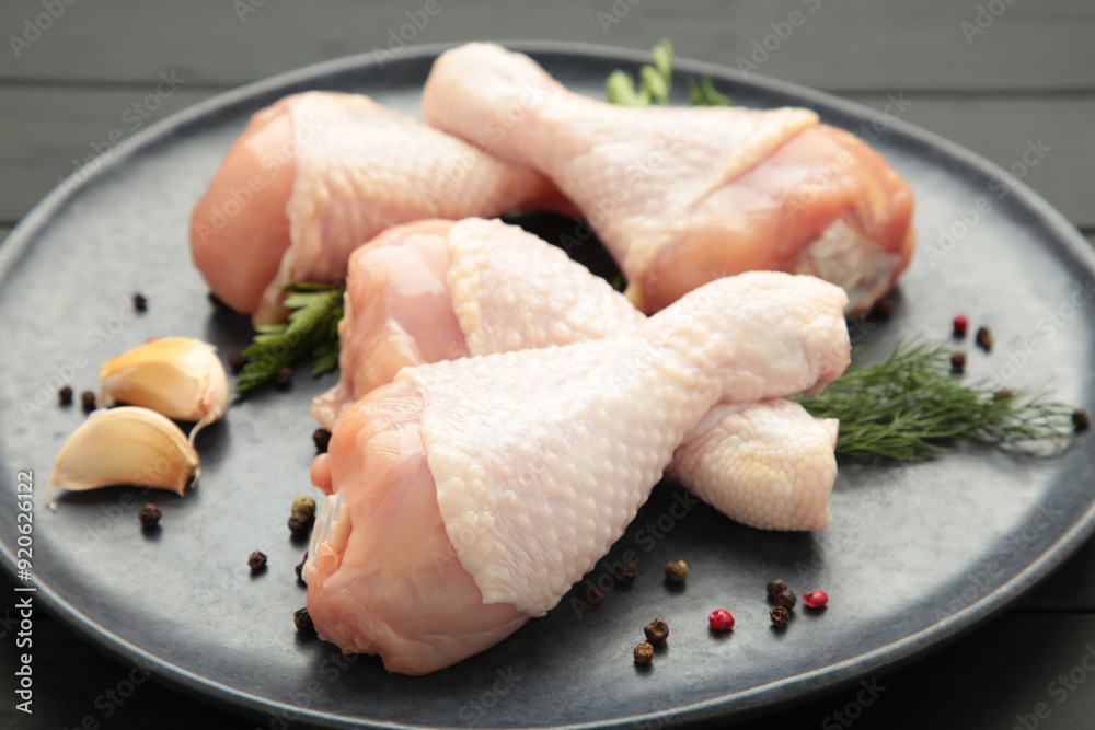 Raw chicken drumsticks with spices on plate on black wooden background. Raw chicken drumsticks with spices on plate on black wooden background.