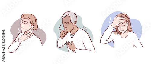 Cold symptoms. Cough, sore throat, headache, fever. Expressive depiction that convey themes of stress and discomfort through artful design. Hand drawn, sketch style. Health problems. Medical brochure
