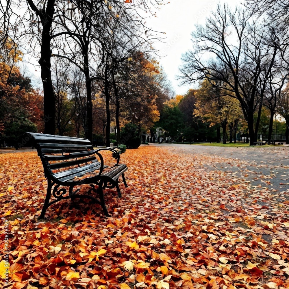 Park bench with fallen autumn leaves, creating a serene and colorful seasonal scene. Park bench with fallen autumn leaves, creating a serene and colorful seasonal scene.