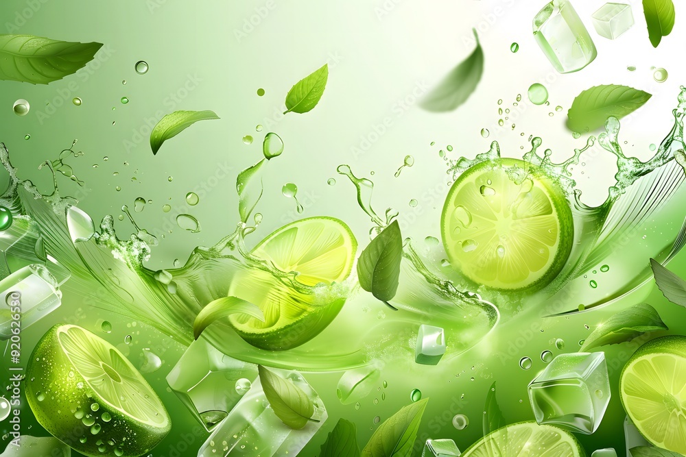 Lime fruit slice, leaves and green juice splash. Vector background with ...