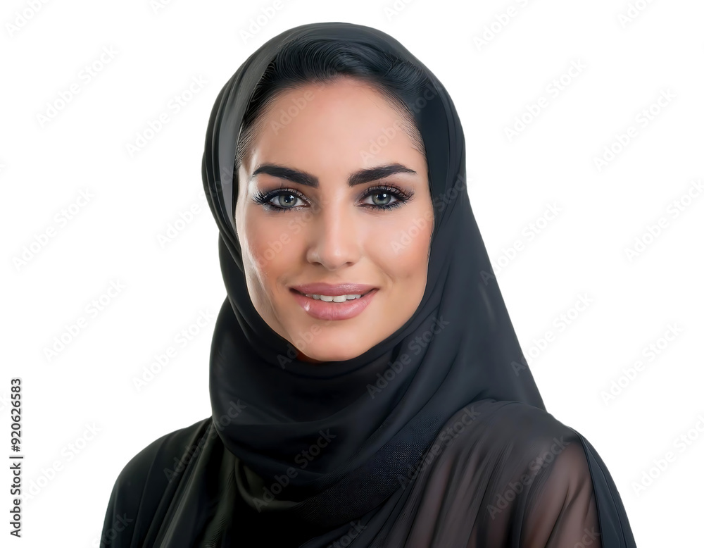 Portrait of a Smiling Arab Middle Eastern Woman in a Black Hijab, Isolated on a Transparent Background, Highlighting Cultural Beauty and Joyful Expression Portrait of a Smiling Arab Middle Eastern Woman in a Black Hijab, Isolated on a Transparent Background, Highlighting Cultural Beauty and Joyful Expression