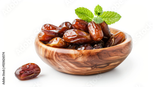 Dates in Wooden Bowl with Mint Leaf, Isolated