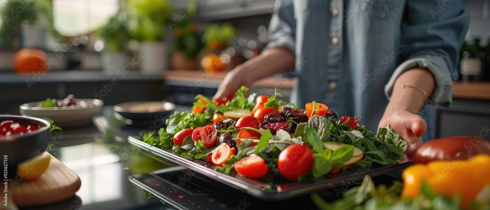 Person preparing a fresh salad with tomatoes and greens. Person preparing a fresh salad with tomatoes and greens.