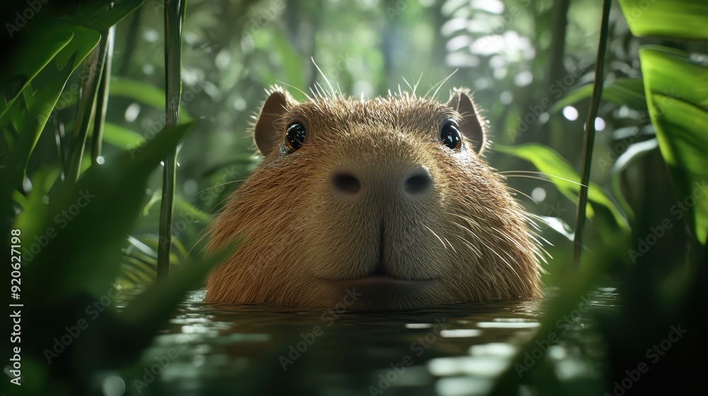 Majestic Capybara in the Amazon Rainforest - Cinematic Shot of Wildlife Among Lush Foliage Majestic Capybara in the Amazon Rainforest - Cinematic Shot of Wildlife Among Lush Foliage