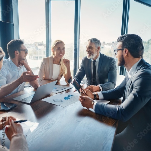 Happy group of business people discussing strategy during team meeting at the office desk together