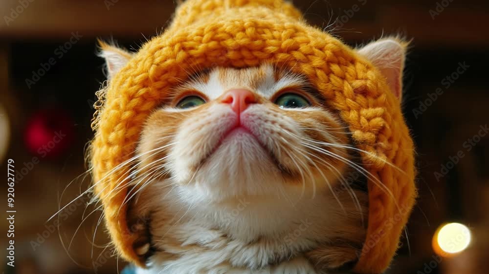 A cat wearing a yellow hat and blue sweater. The cat is looking at the camera. The image has a warm and cozy feeling A cat wearing a yellow hat and blue sweater. The cat is looking at the camera. The image has a warm and cozy feeling