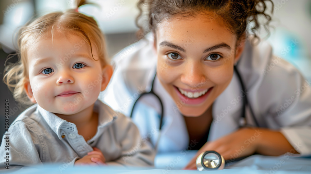 Fototapeta premium Pediatrician listening to baby's lungs through stethoscope. Child health and protection concept.