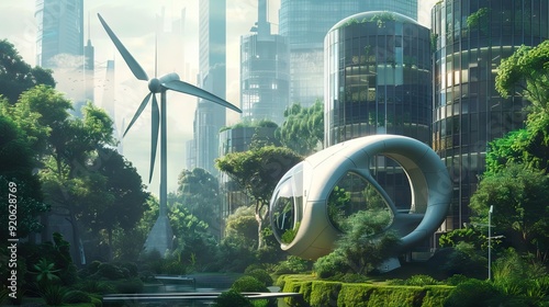 Aerial architecture, spheres in the grass, city of the future, idea for inspiration. AI generated illustration photo