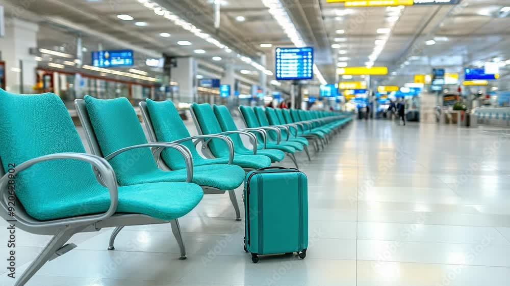 A row of green chairs are lined up in a terminal. A suitcase is sitting on the floor in front of the chairs A row of green chairs are lined up in a terminal. A suitcase is sitting on the floor in front of the chairs