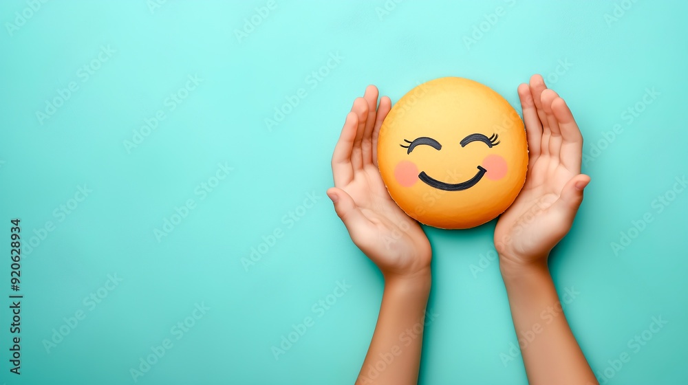 Children's hands holding positive smiley face isolated on light green background. Child health and protection concept.