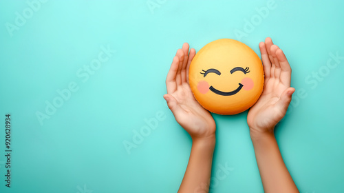 Obraz na płótnie Children's hands holding positive smiley face isolated on light green background. Child health and protection concept. w salonie