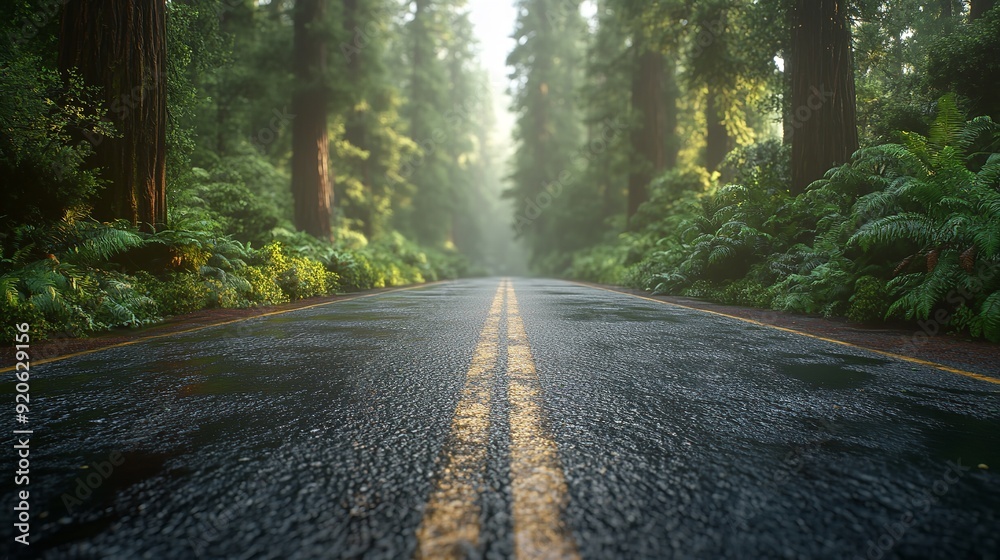 Fototapeta premium Photograph of Foggy Straight Redwood Highway in Northern California, USA.
