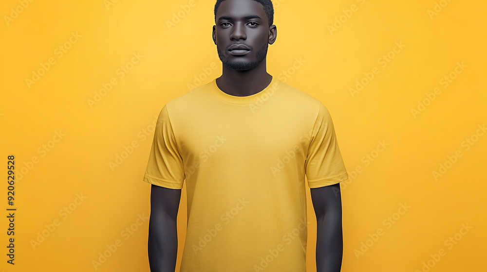 Yellow t-shirt mockup on yellow background. T-shirt on black guy model Yellow t-shirt mockup on yellow background. T-shirt on black guy model