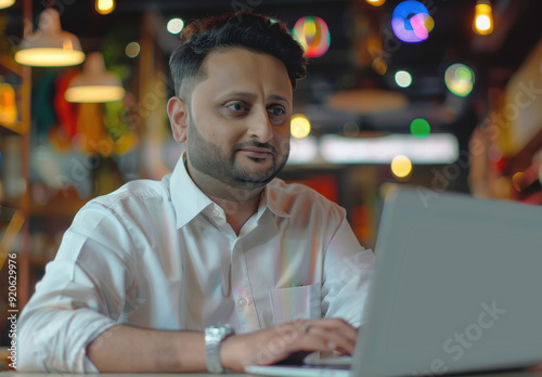 Young handsome indian man working on laptop at office