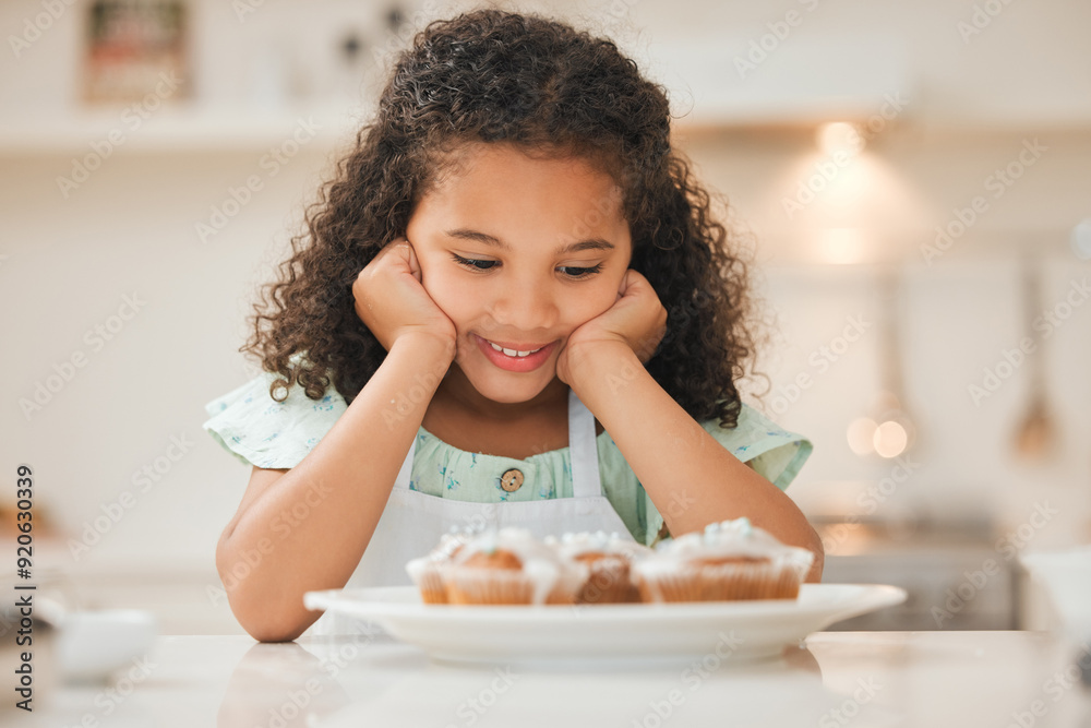 Girl, excited and smile in kitchen with cupcake for baking, learning and child development in home. Kid, face and happy in house with muffin or dessert for eating, birthday and snacks with patience Girl, excited and smile in kitchen with cupcake for baking, learning and child development in home. Kid, face and happy in house with muffin or dessert for eating, birthday and snacks with patience