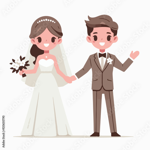 Marriage wedding couple set, cute newlywed bride and groom Flat illustration 