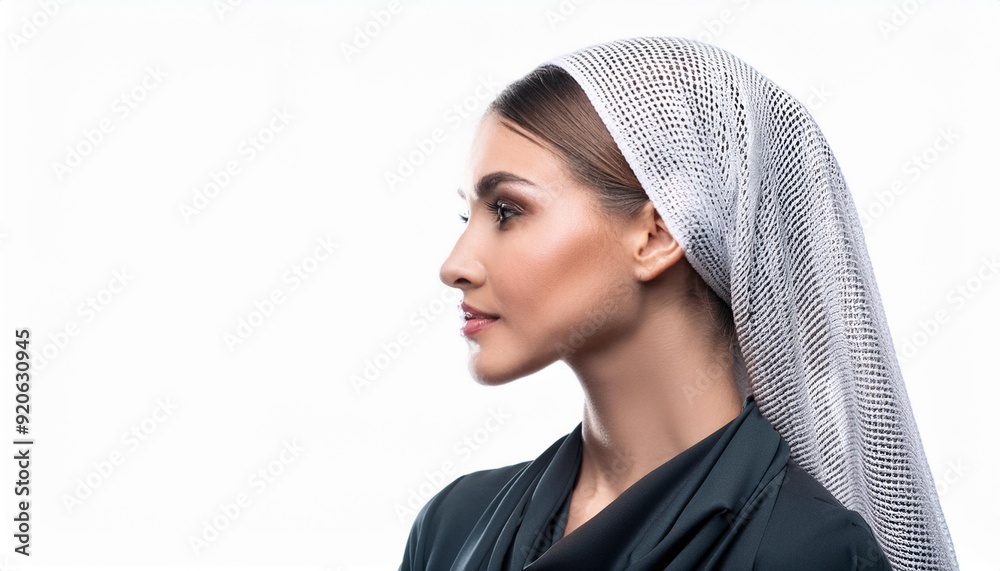 Portrait of beauty Arab women wearing headscarf, take shot from side view, studio photo, isolated on white background Portrait of beauty Arab women wearing headscarf, take shot from side view, studio photo, isolated on white background