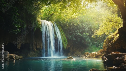 Deep in the forest, a waterfall cascades down a rugged cliff, its cool waters sparkling in the dappled sunlight.
